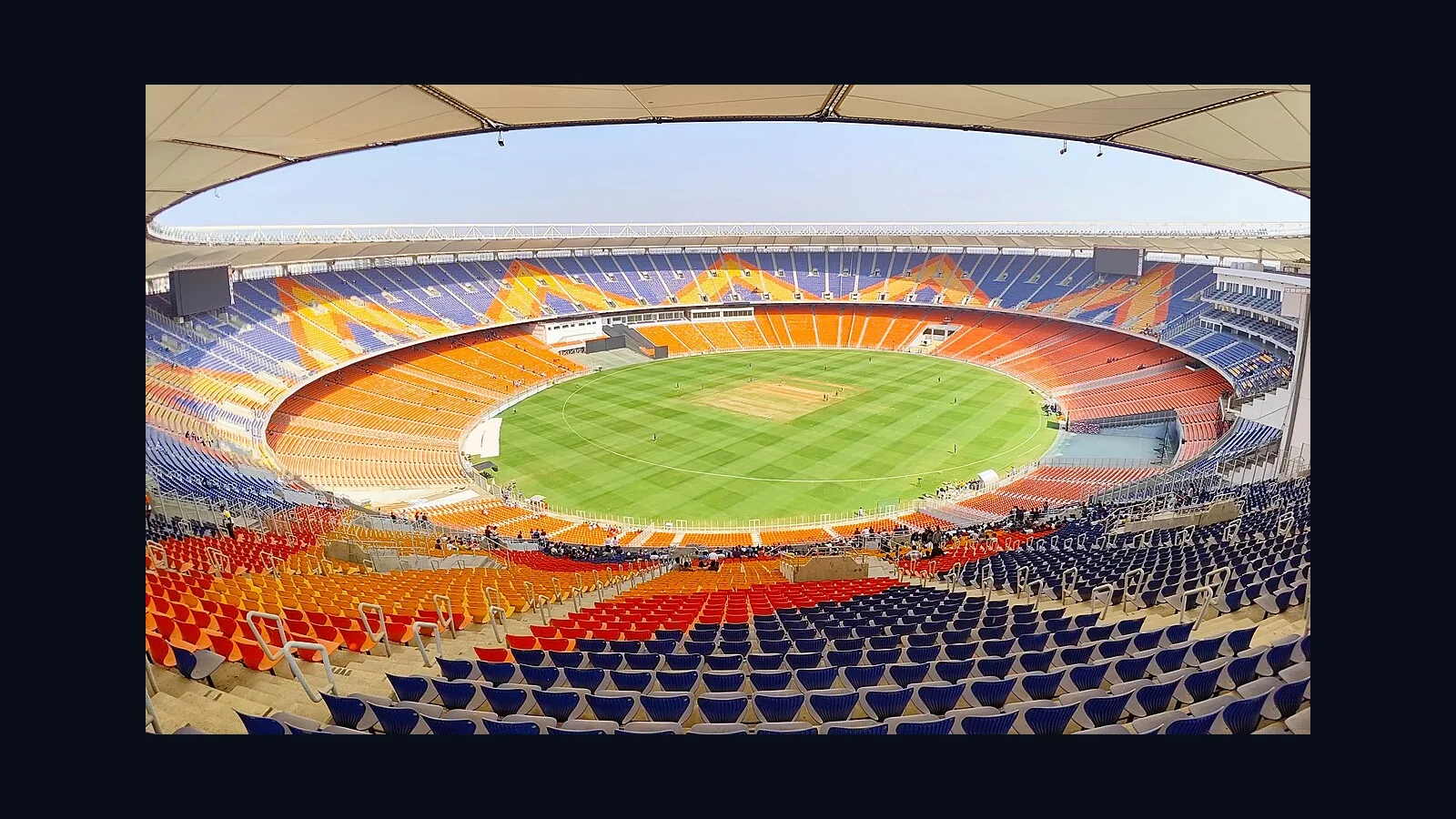 Archival gallery view of Narendra Modi Stadium in Ahmedabad, showing the cricket field and tiered stands.