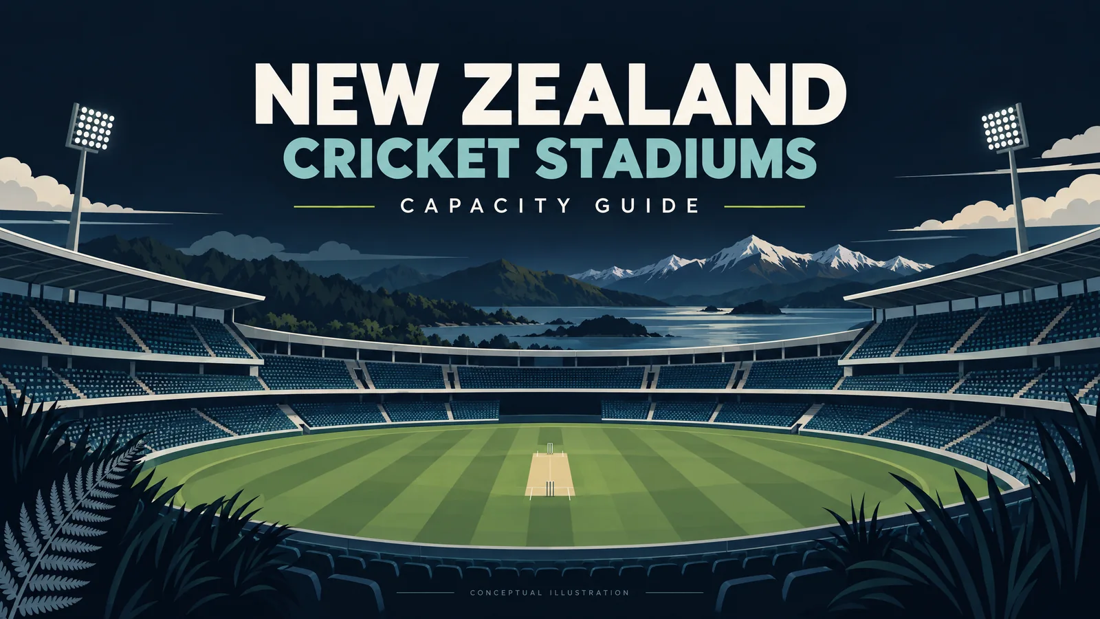 Original conceptual illustration of cricket seating arcs, a stylised pitch and New Zealand mountain silhouettes; not a real stadium layout.