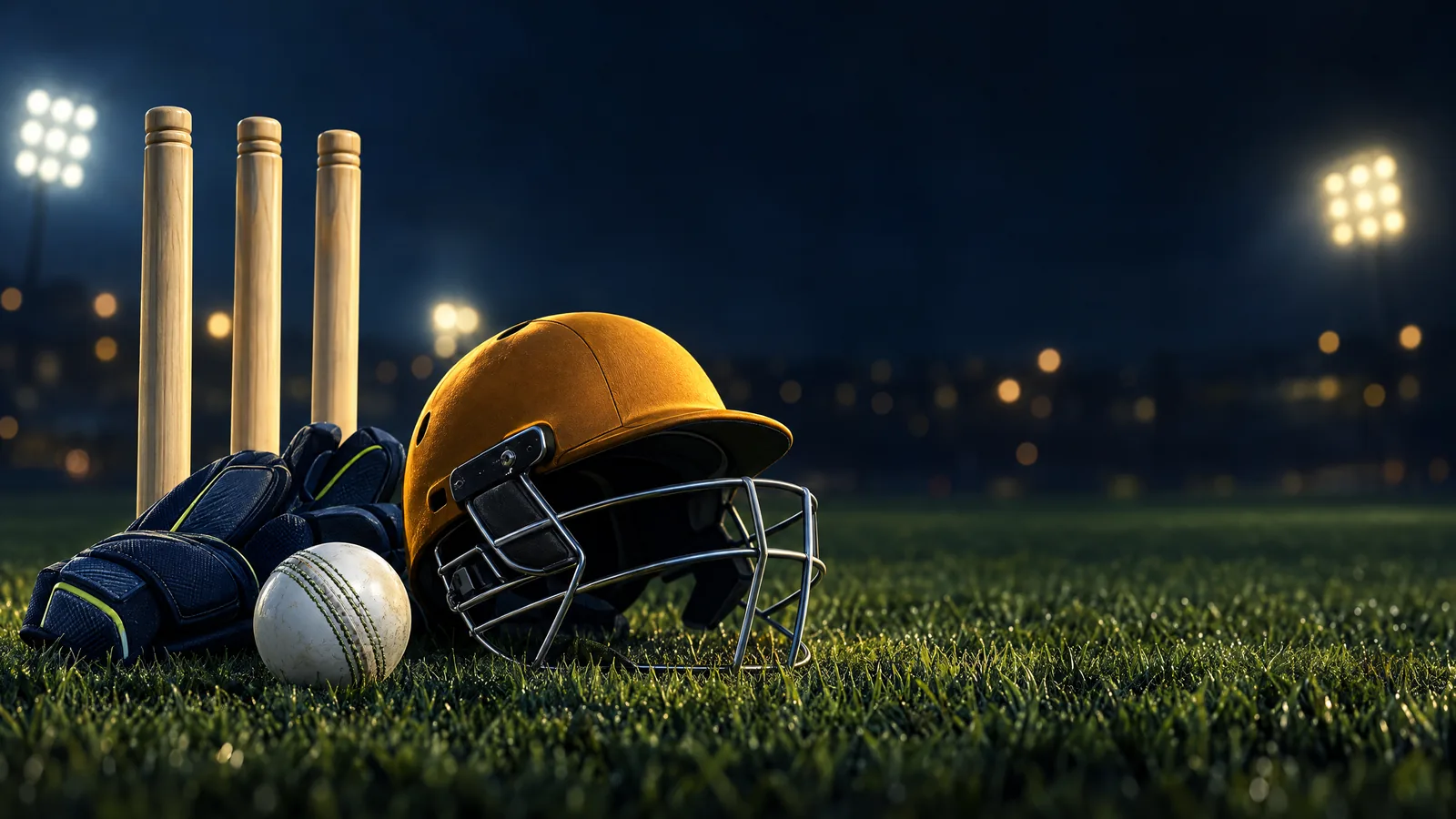 Original equipment-based night-cricket illustration: white ball, plain stumps, navy glove and amber helmet on an anonymous outfield; not real players or Wanderers photography.