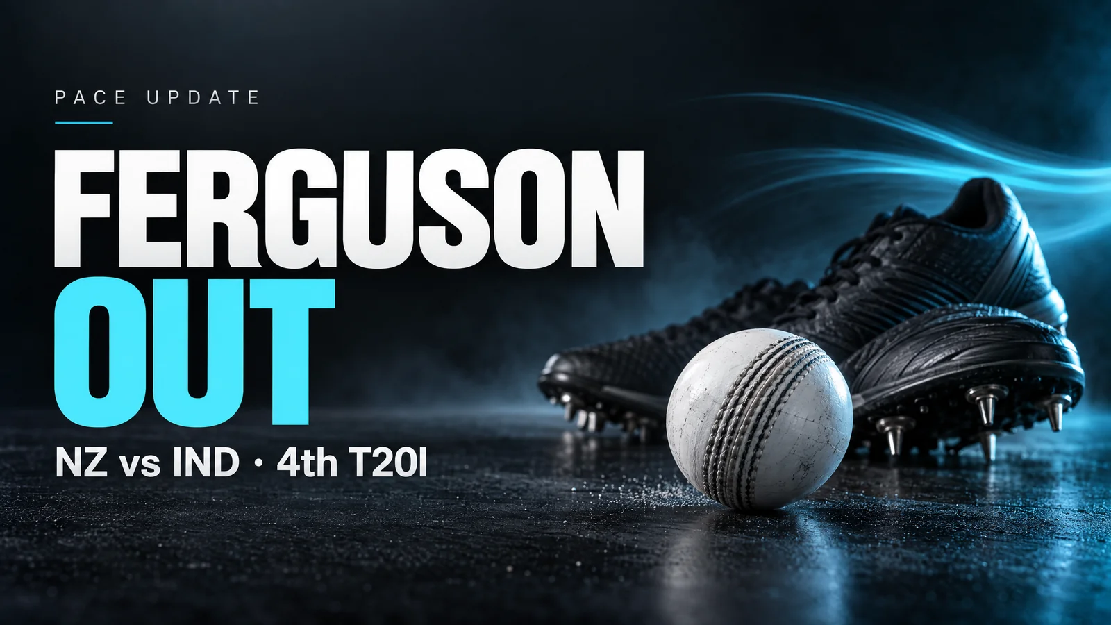 AI-generated editorial illustration: A white cricket ball and unbranded bowling shoes illustrate the Ferguson absence news beside the words Ferguson Out