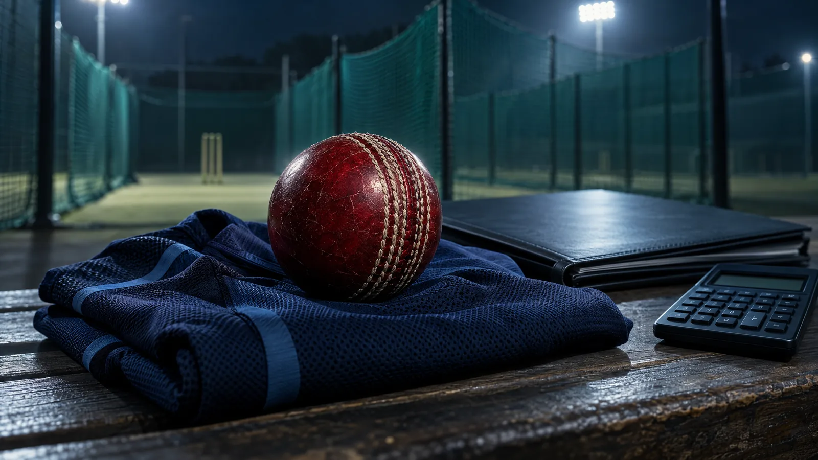 Conceptual cricket equipment and contract illustration for the Manav Suthar earnings guide