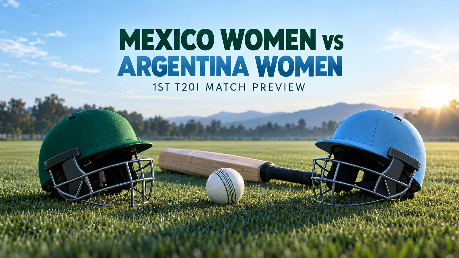 Unbranded green and sky-blue cricket helmets beside a white ball on an anonymous morning outfield; original editorial illustration, not a match or player photograph.