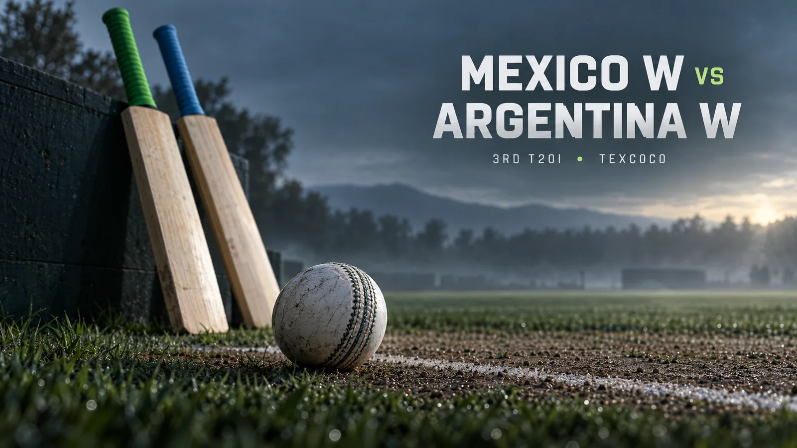 A white cricket ball beside a chalk crease and two plain bats with green and sky-blue handles in an anonymous morning setting; original editorial illustration, not a match or player photograph.