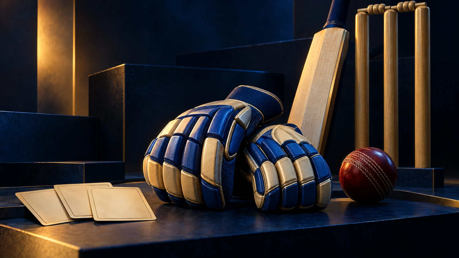 Original conceptual illustration of blue-and-gold cricket gloves, bat, stumps and scouting cards; not a Mumbai Indians team photograph