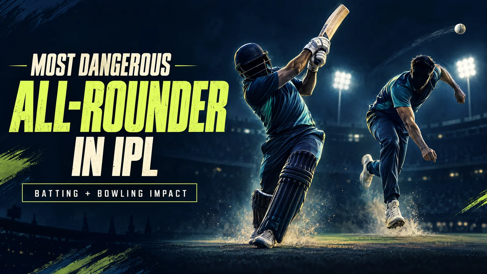 Original editorial illustration of anonymous batting and bowling figures representing IPL all-round impact, not real players.