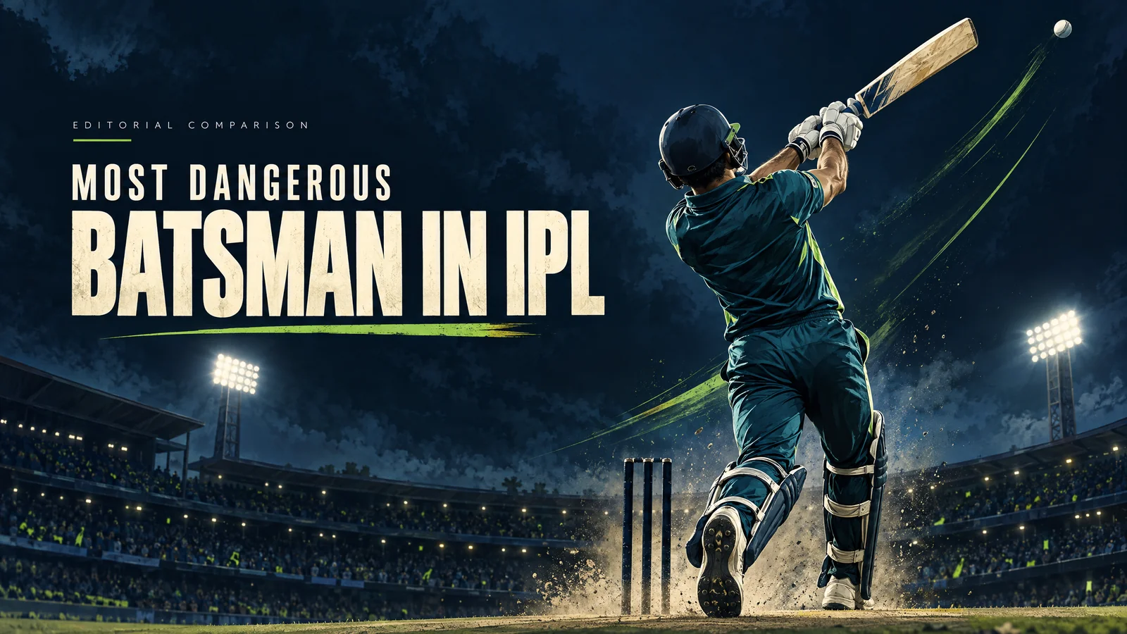 Original editorial illustration of an anonymous cricket batter playing a lofted shot, not a ranked player or actual match.