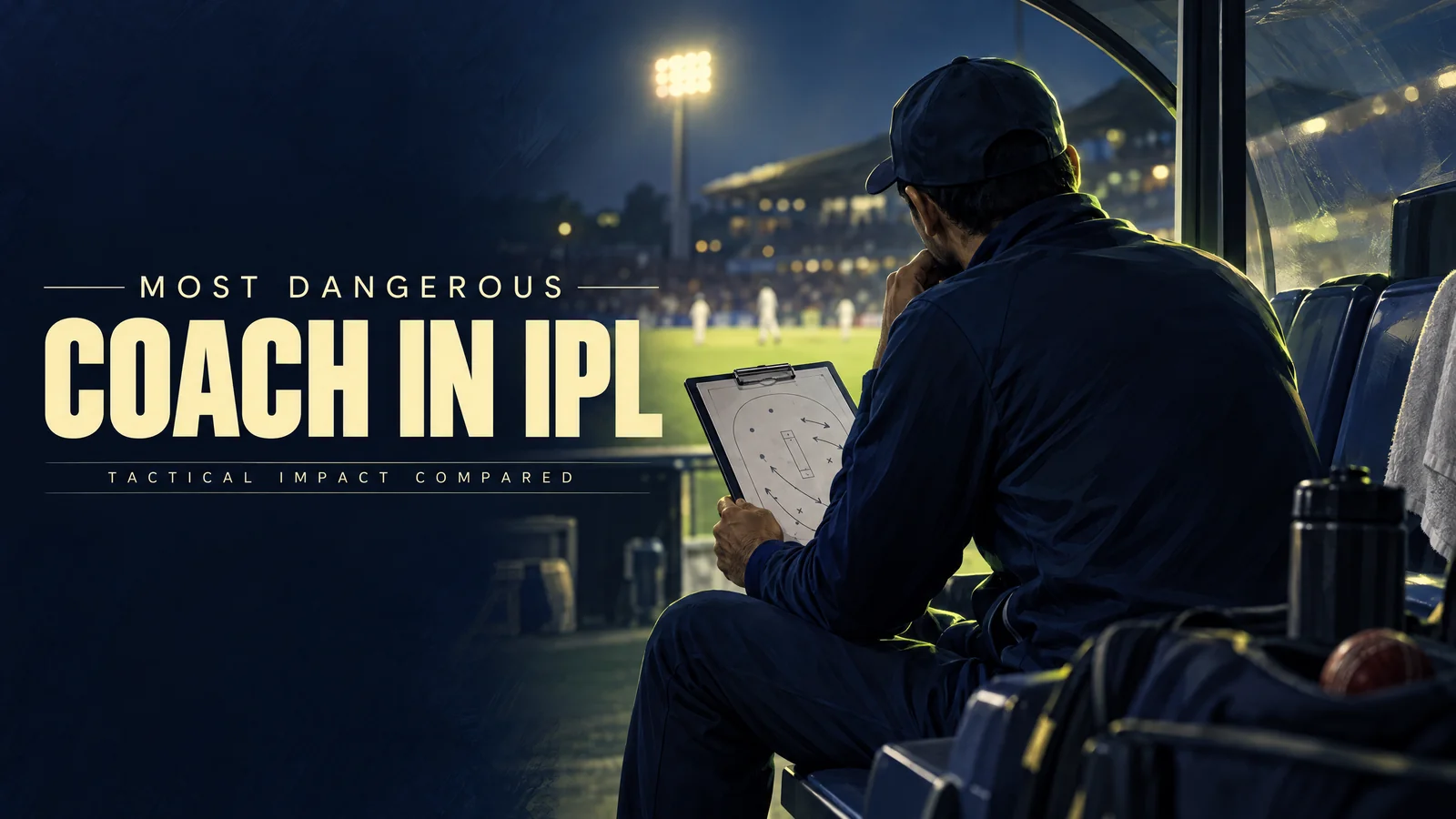 Original editorial illustration of an anonymous cricket coach studying a tactics clipboard, not a photograph of a named coach.