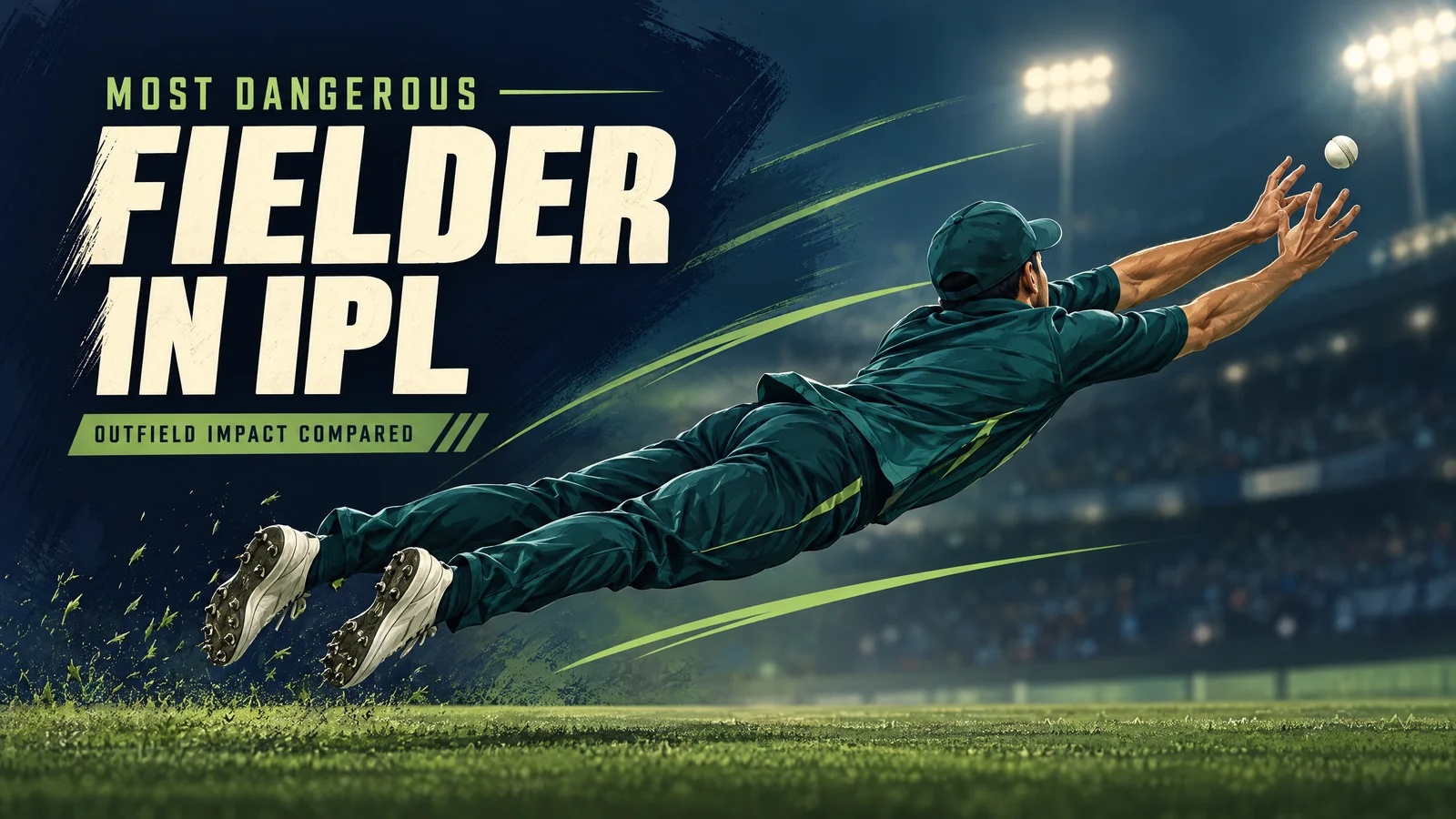 Original editorial illustration of an anonymous cricket outfielder attempting a diving bare-handed catch, not an actual match.