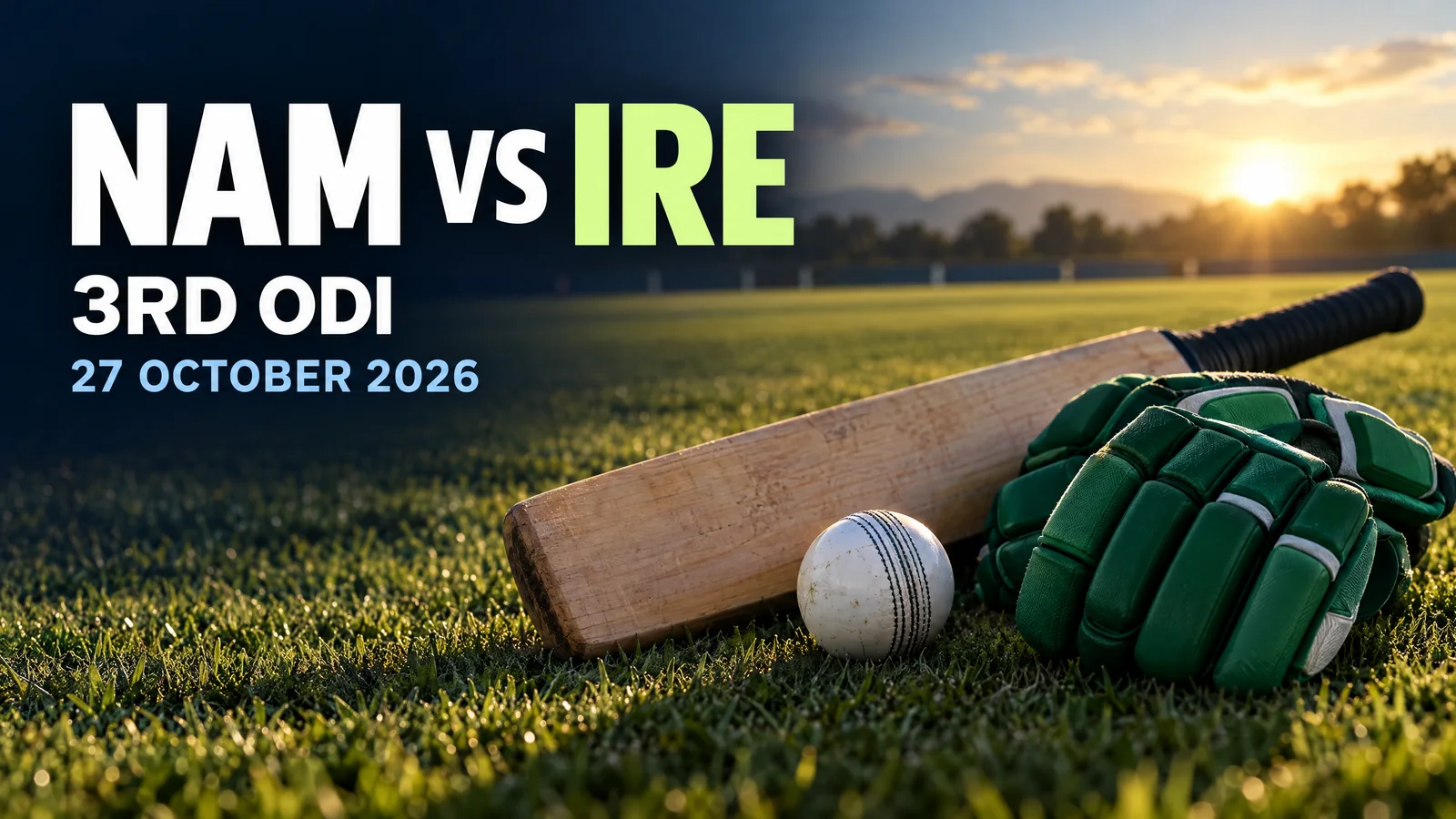White cricket ball, plain wooden bat and unbranded emerald-green gloves on an anonymous morning outfield; original Namibia–Ireland third-ODI illustration, not actual player or High Performance Oval photography.