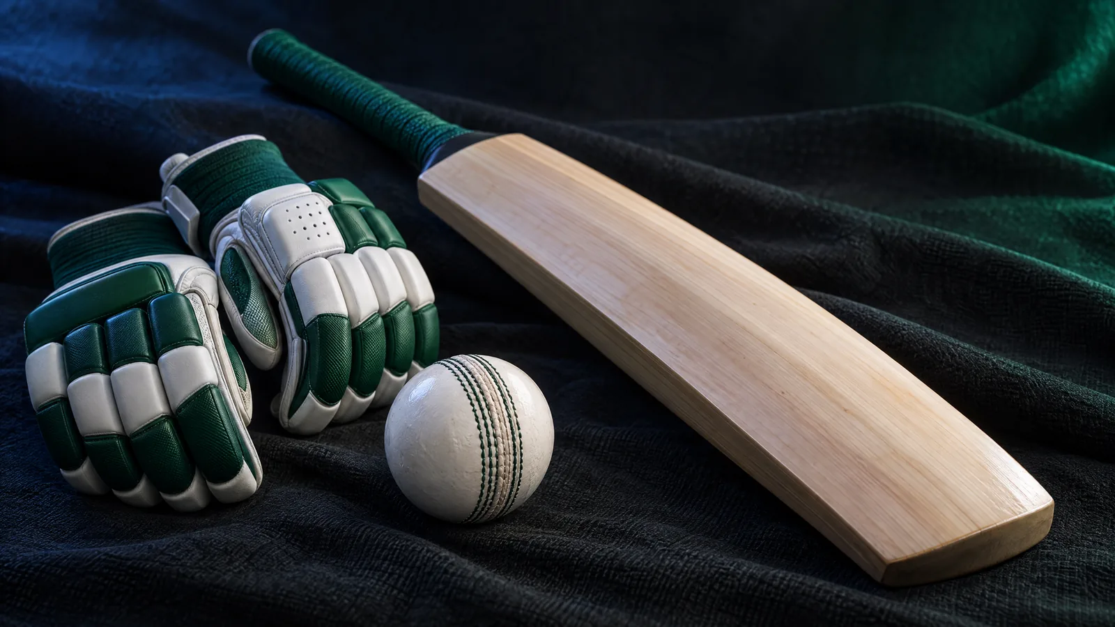 Original unbranded bat, white cricket ball and green-and-white batting gloves against navy and emerald fabric; not actual Namibia or Ireland players or ground photography.