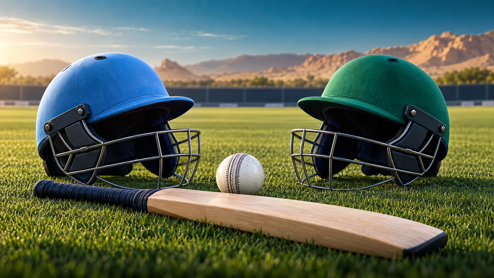 Unbranded sky-blue and green cricket helmets beside a white ball and bat in morning light; original editorial illustration, not a match or player photograph.