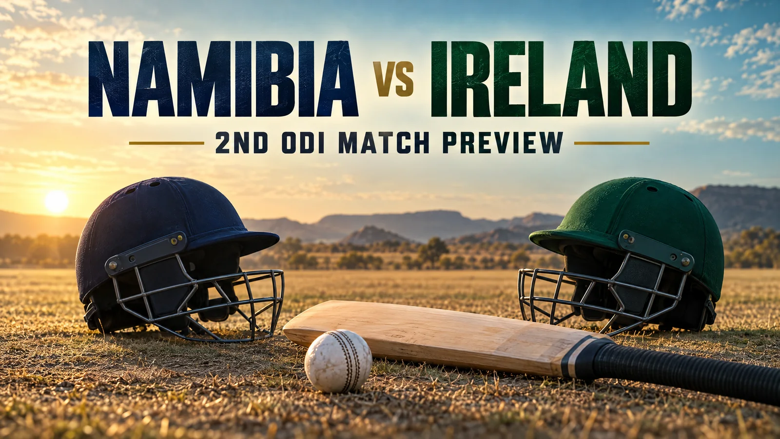 Unbranded navy and green cricket helmets on an anonymous sunlit cricket outfield; original editorial illustration, not a match or player photograph.