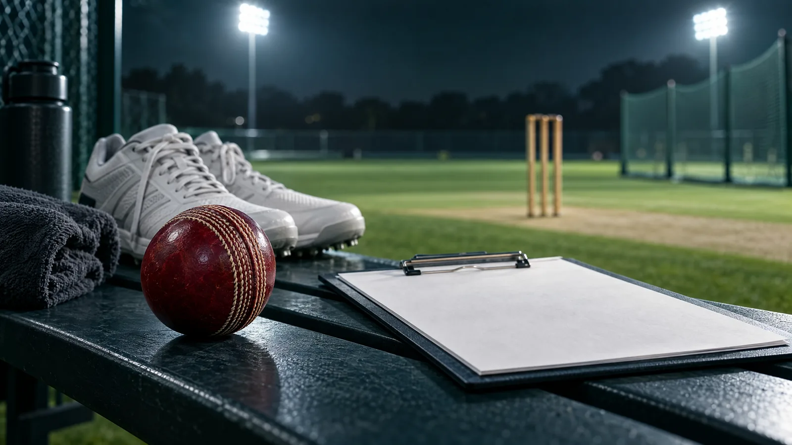 Original conceptual illustration of unbranded cricket equipment and a blank contract clipboard at a floodlit ground; no player or financial amount is depicted.