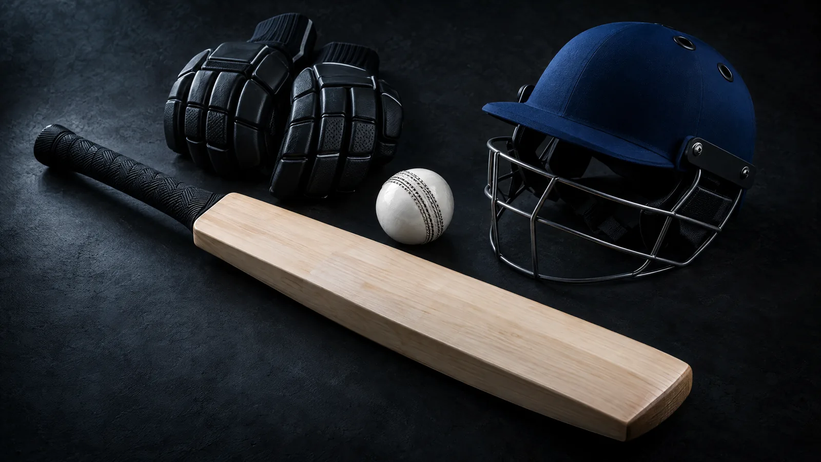 Original unbranded bat, white cricket ball, helmet and gloves in charcoal-blue studio light; not actual India or New Zealand players or Eden Park photography.
