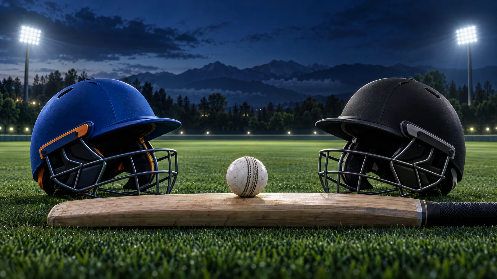 Unbranded blue and black cricket helmets face each other across a white ball on an anonymous floodlit oval; original editorial illustration, not a match or player photograph.