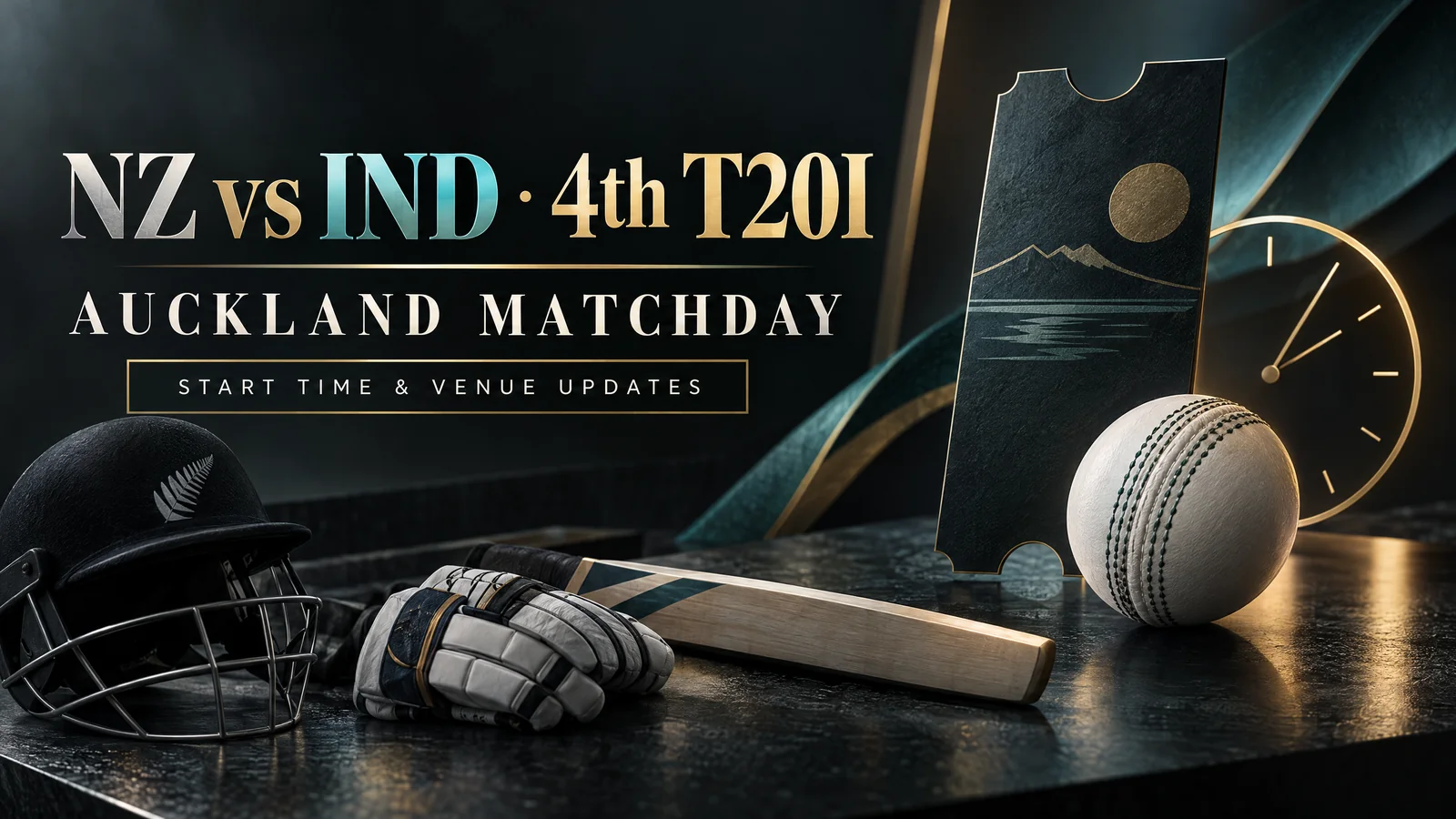AI-generated editorial illustration: A conceptual ticket, clock motif and cricket ball illustrate Auckland fourth-T20I matchday planning