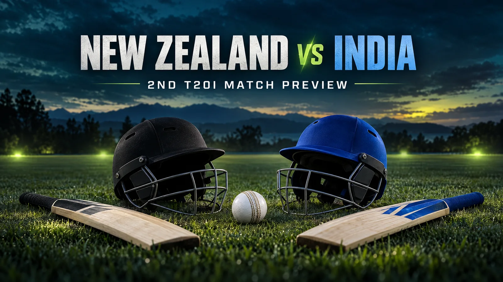 Unbranded black and blue cricket helmets with a white ball on an anonymous evening outfield; original editorial illustration, not a match or player photograph.