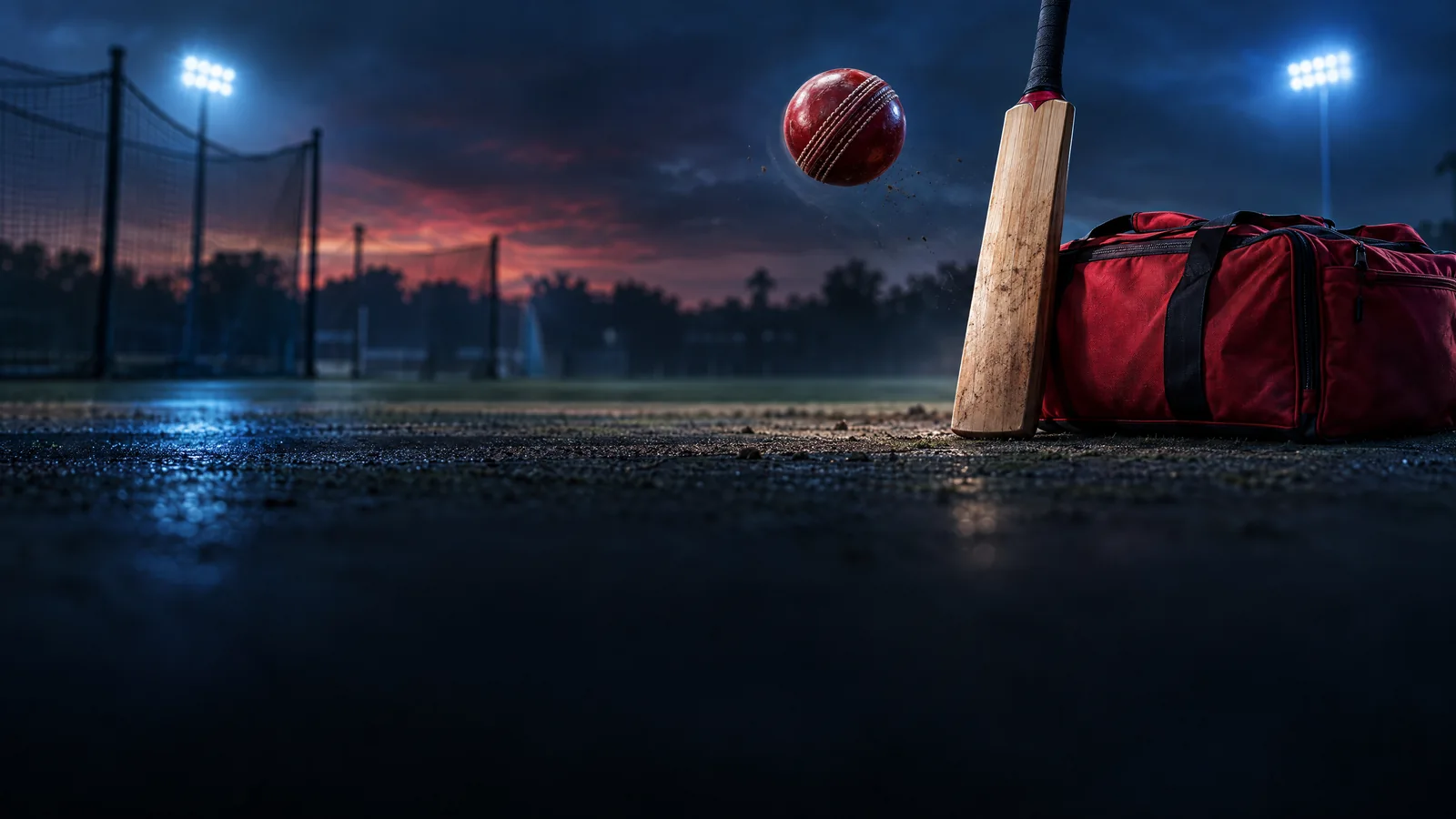 Original conceptual illustration of a spinning ball, cricket bat and plain red kit bag; not a photograph of Ben Manenti or a Renegades match