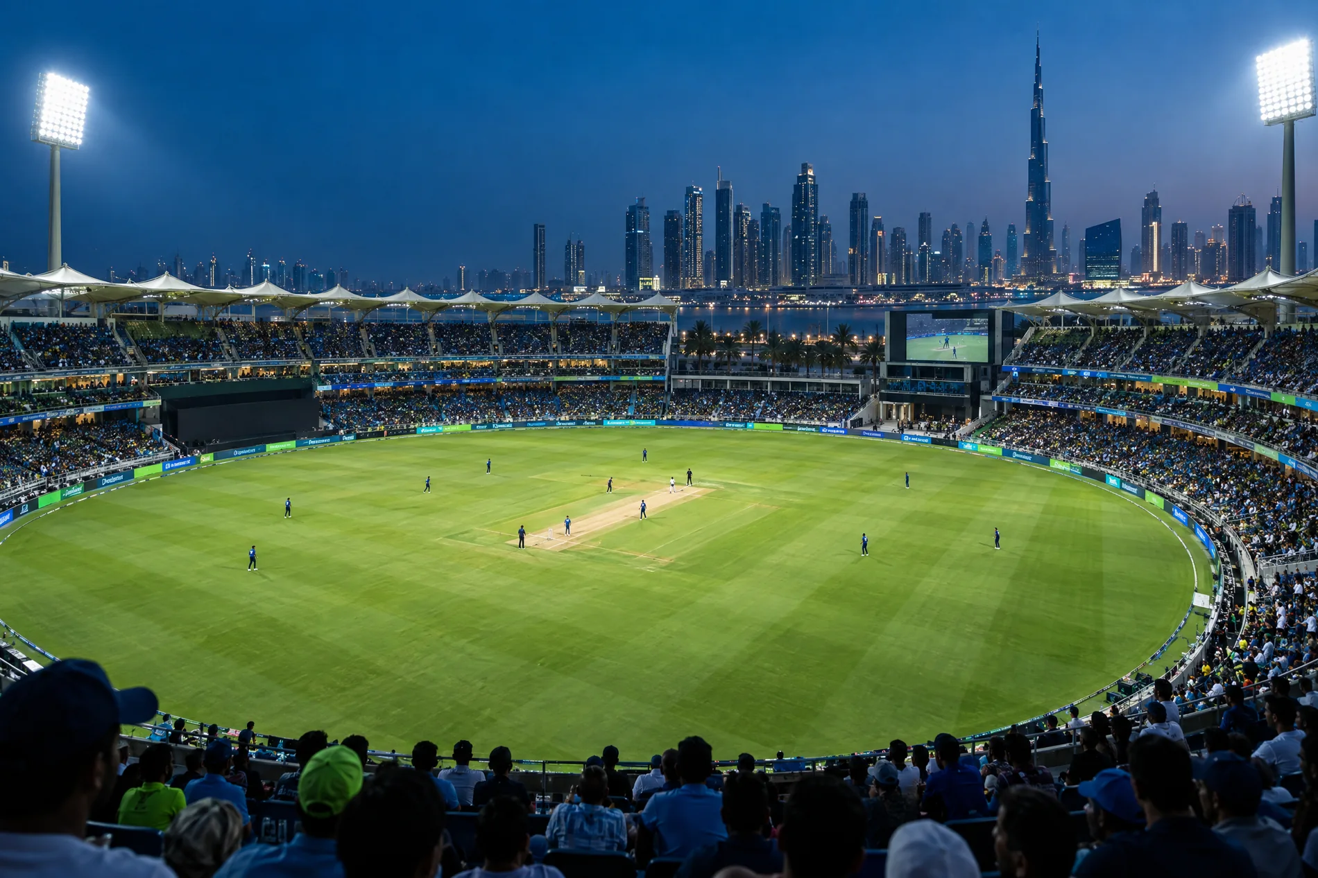 Illustrative anonymous cricket players in a stadium; not WCL 2026 match footage