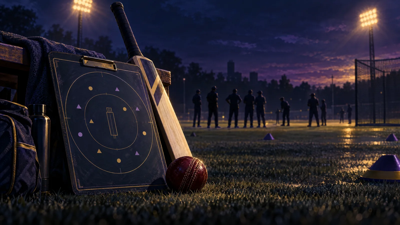 Original illustration of a coach’s clipboard at a cricket training ground; not a photograph of Sourav Ganguly or Delhi Capitals