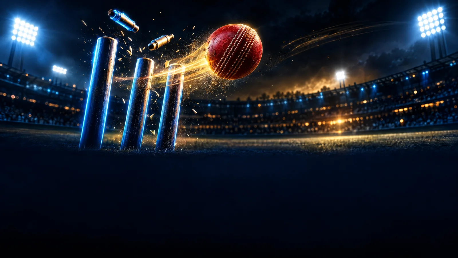 Original symbolic illustration of a cricket ball passing blue-edged stumps under abstract floodlights; not a photograph of the Indore match
