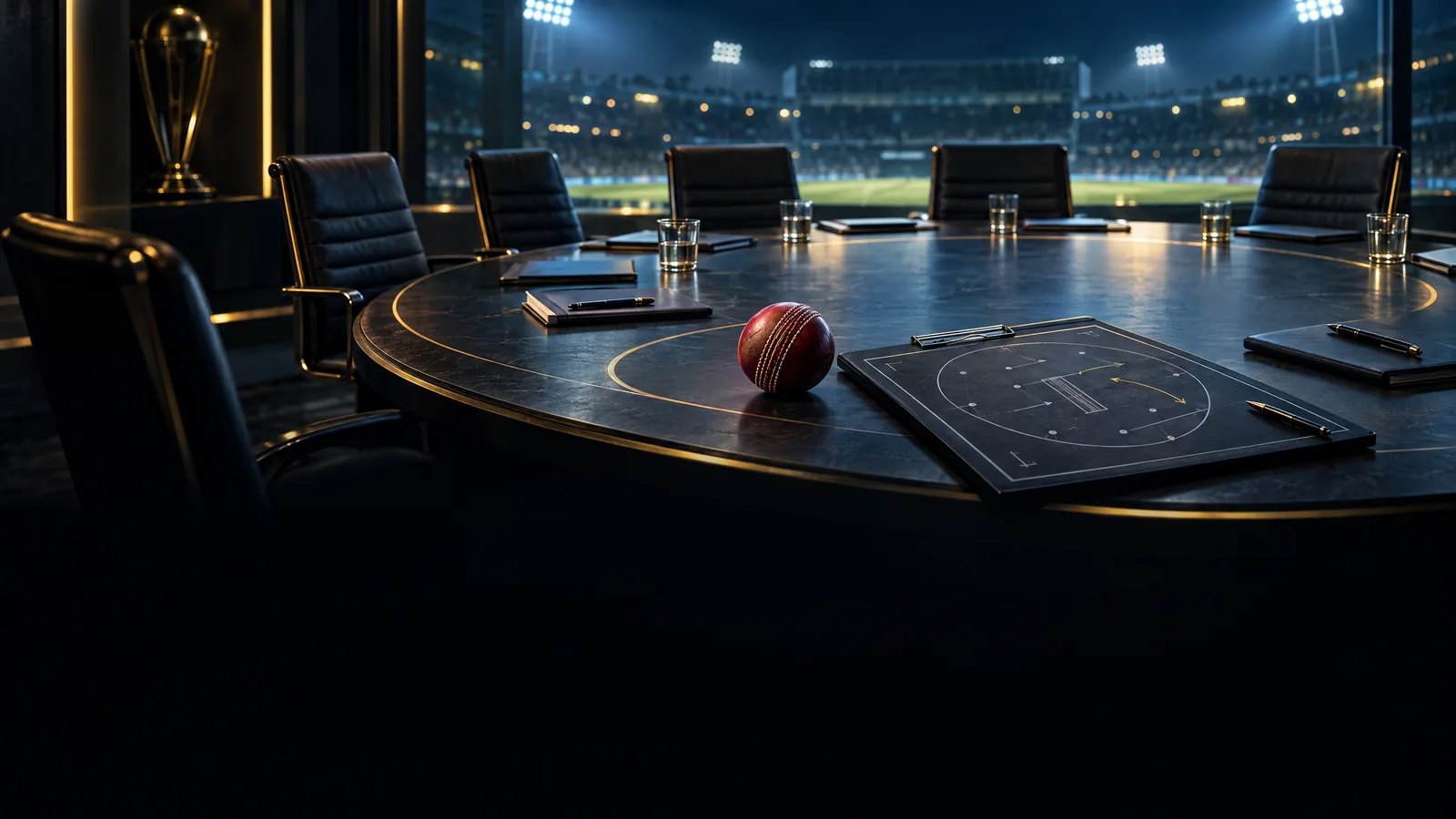 Original conceptual illustration of an empty cricket planning table with a ball and clipboard; not a photograph of BCCI’s meeting