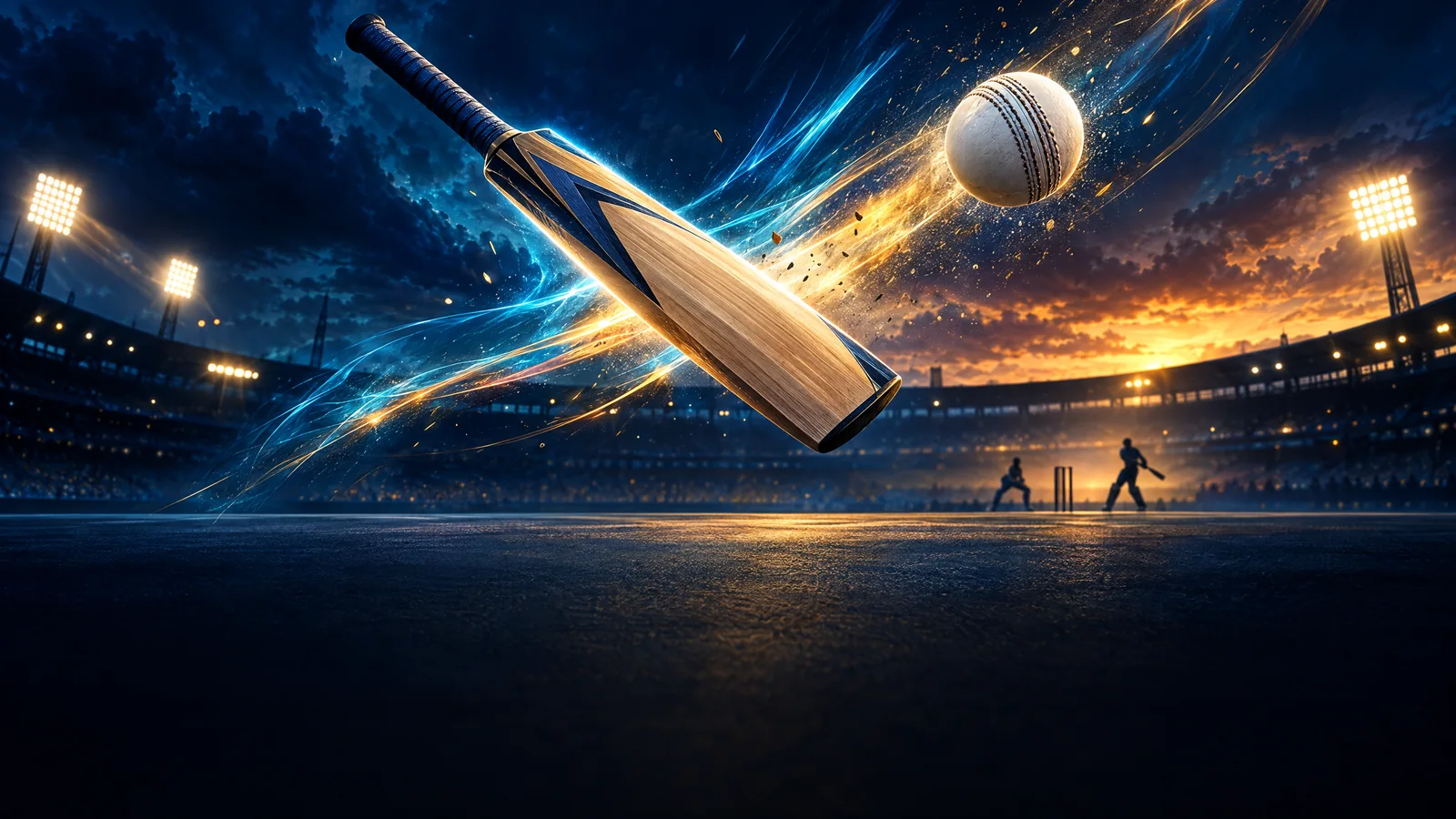 Original symbolic illustration of a bat and ball at a floodlit ground; not a photograph of Shreyas Iyer or the match