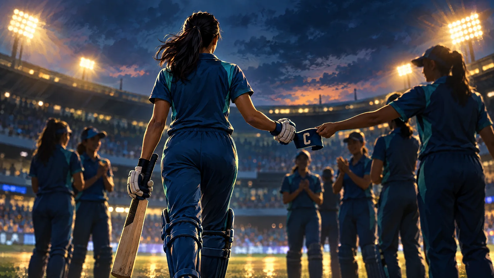 Original illustration of an anonymous women’s cricket captain entering a stadium; not an image of Smriti Mandhana or Harmanpreet Kaur