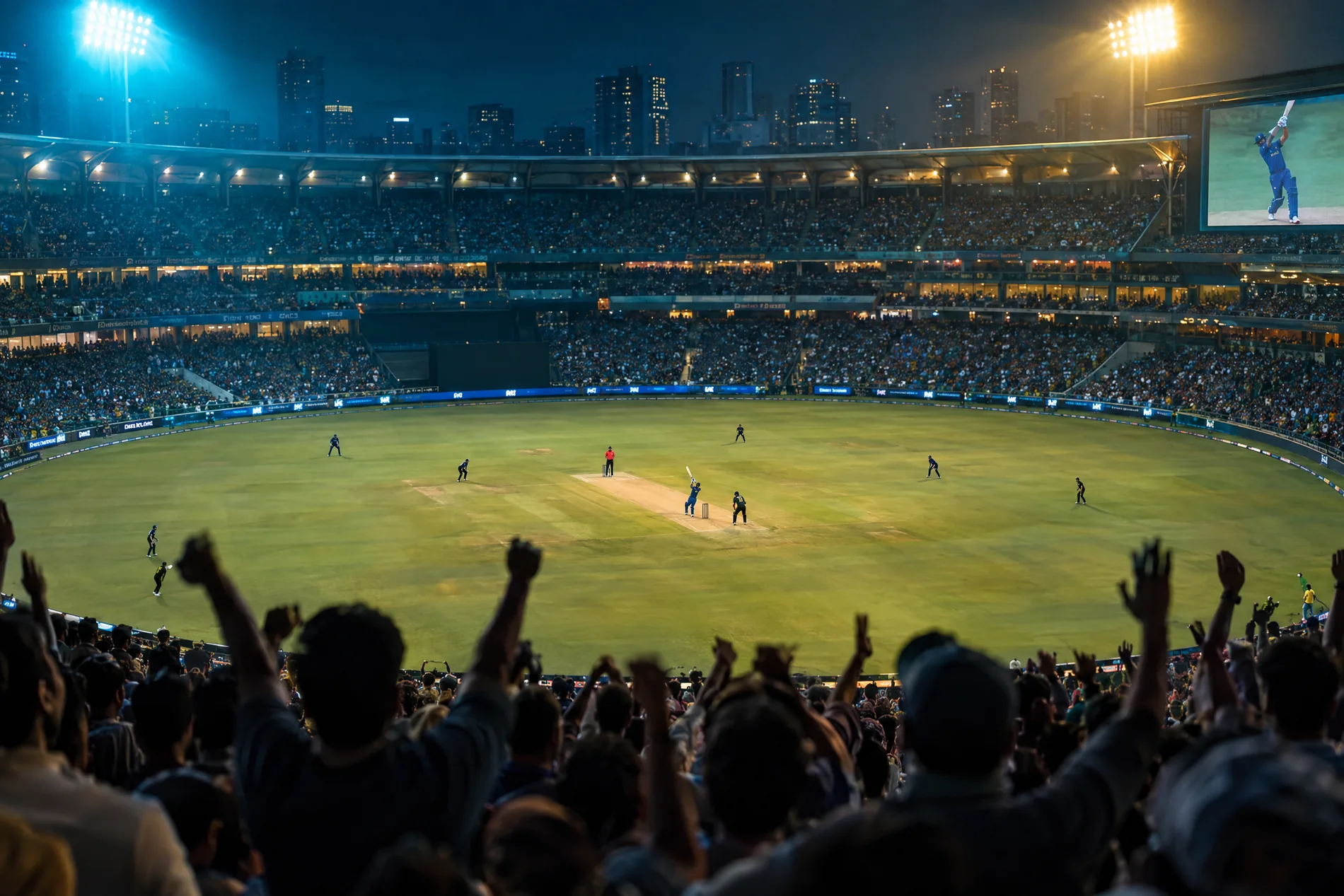 Illustrative anonymous cricket players in a stadium; not WCL 2026 match footage