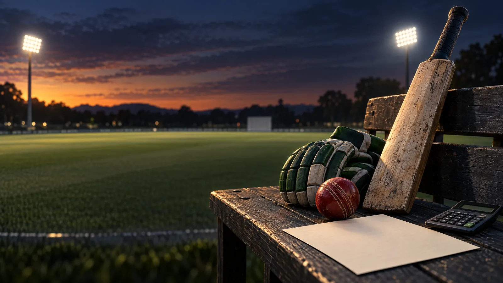 Original conceptual illustration of unbranded cricket equipment and a blank earnings contract at a floodlit ground; no player or financial amount is depicted.