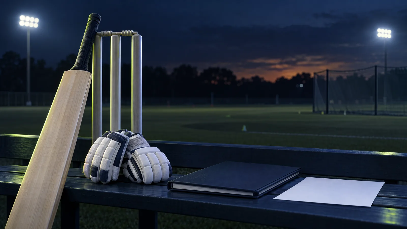 Original conceptual illustration of unbranded cricket equipment, a blank contract clipboard and earnings notes under floodlights; no player or financial amount is depicted.