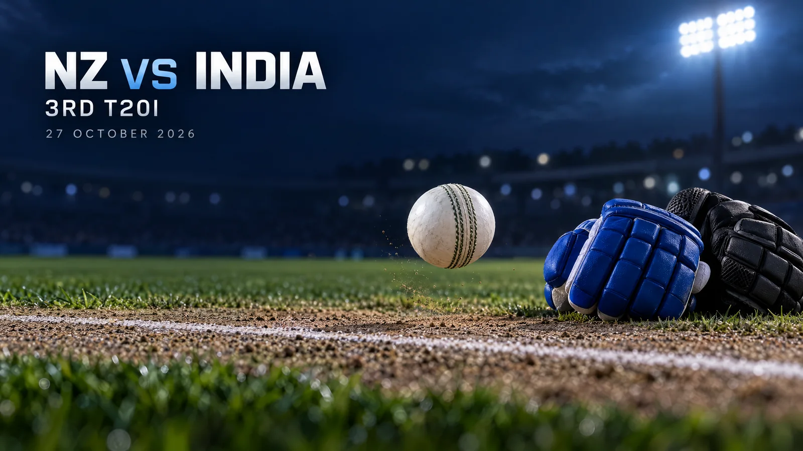 White cricket ball and unbranded blue and charcoal batting gloves in an anonymous floodlit outfield; original NZ vs India third-T20I editorial illustration, not player or venue photography.