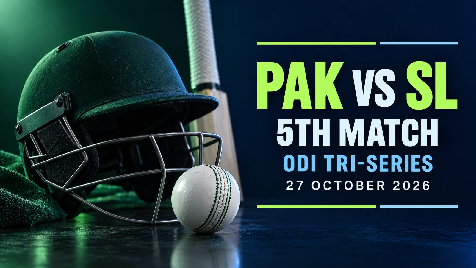 Plain green cricket helmet and a white ODI ball against a navy studio background; original Pakistan–Sri Lanka fifth tournament-match illustration, not an actual player, Gaddafi Stadium or team photograph.
