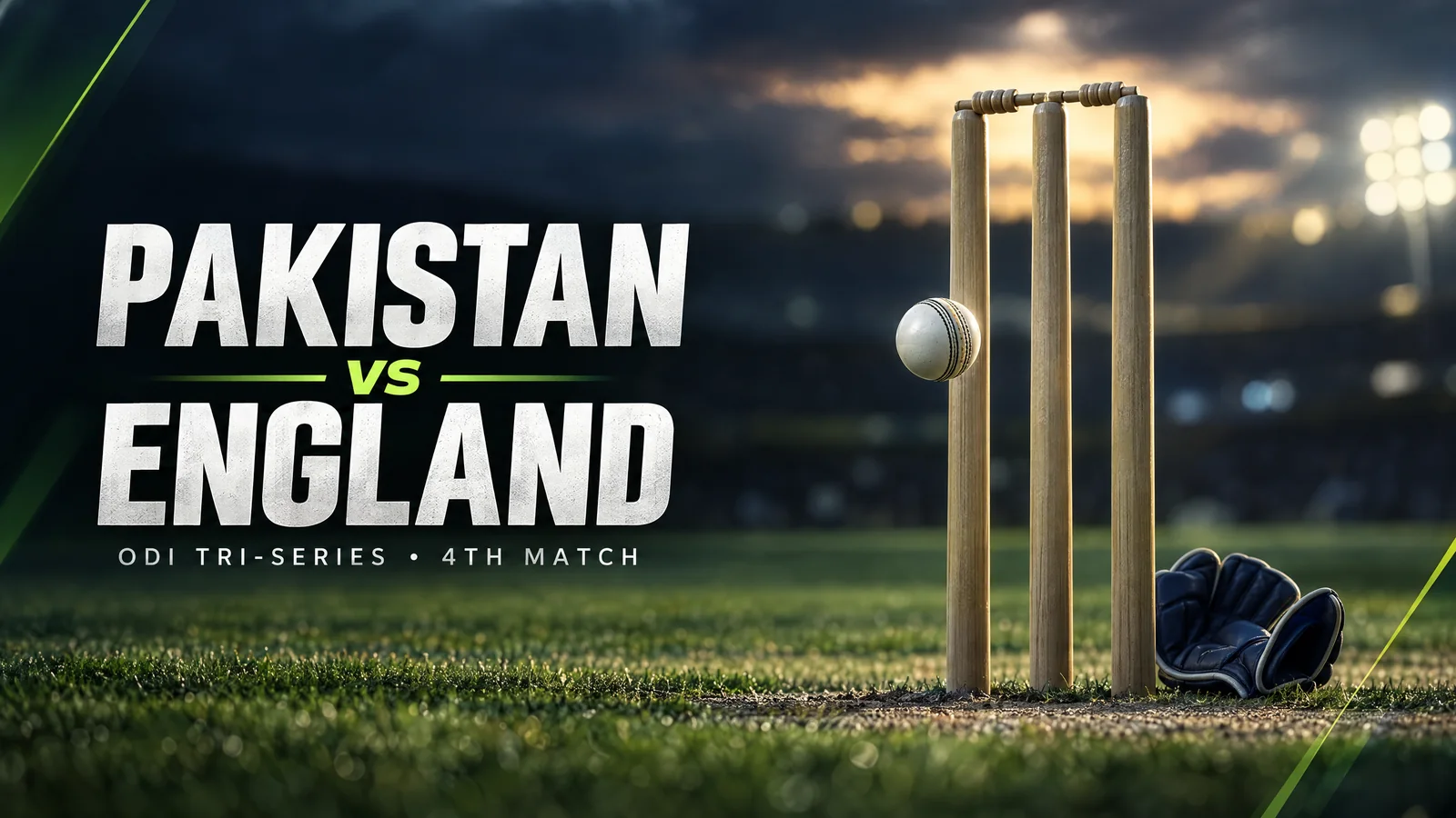 Unbranded cricket stumps, a white ball and navy wicketkeeping glove in an anonymous green and navy sports setting; original editorial illustration, not a match or player photograph.