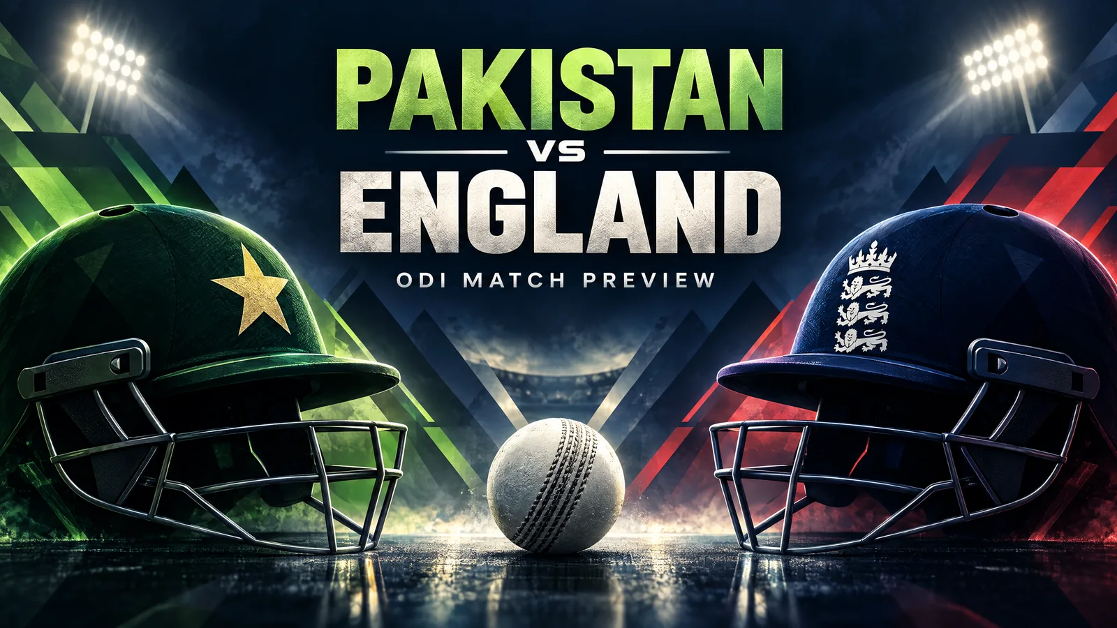 Pakistan and England cricket helmets with a white ball in a stylized floodlit setting; original editorial illustration, not a match or player photograph.
