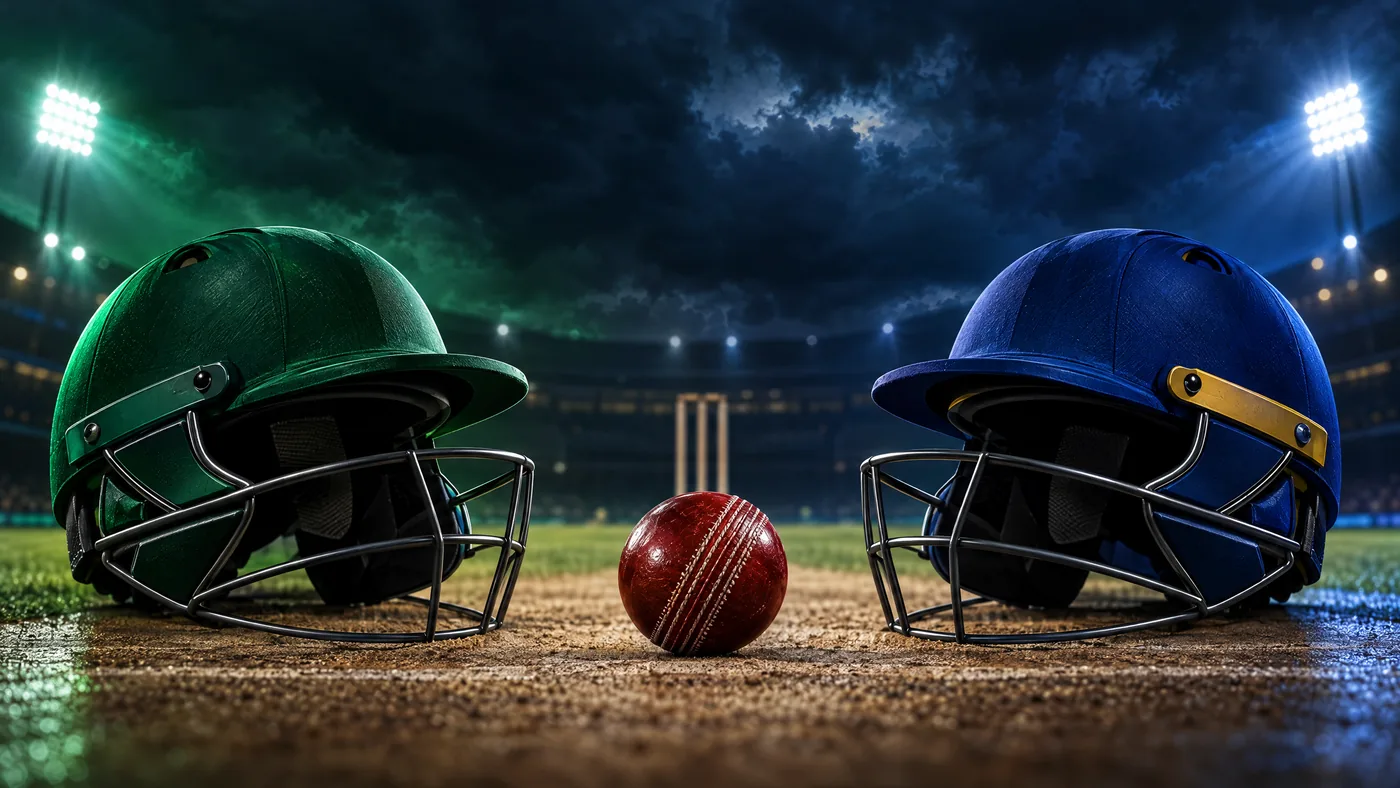 Original editorial illustration of green and blue cricket helmets and a ball beneath evening floodlights; not a stadium or player photograph