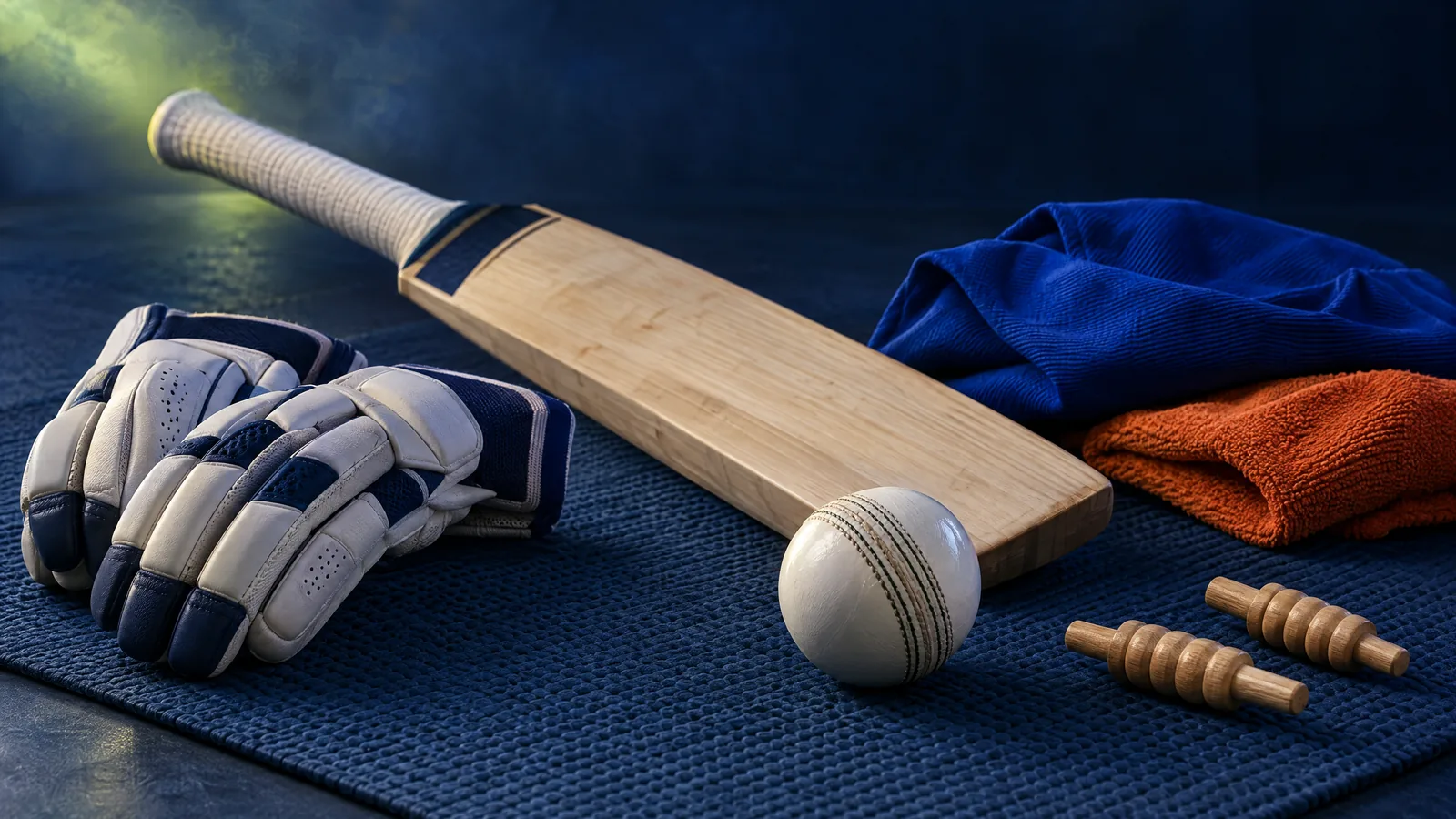 Original T20 equipment illustration with a white cricket ball, plain willow bat, batting gloves, bails and blue-and-orange cloth on a dark mat; not Kirtipur or player photography.