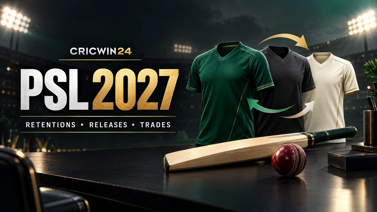 AI-generated editorial illustration for the PSL 2027 retained players list, with anonymous unbranded shirts, a cricket bat and a ball