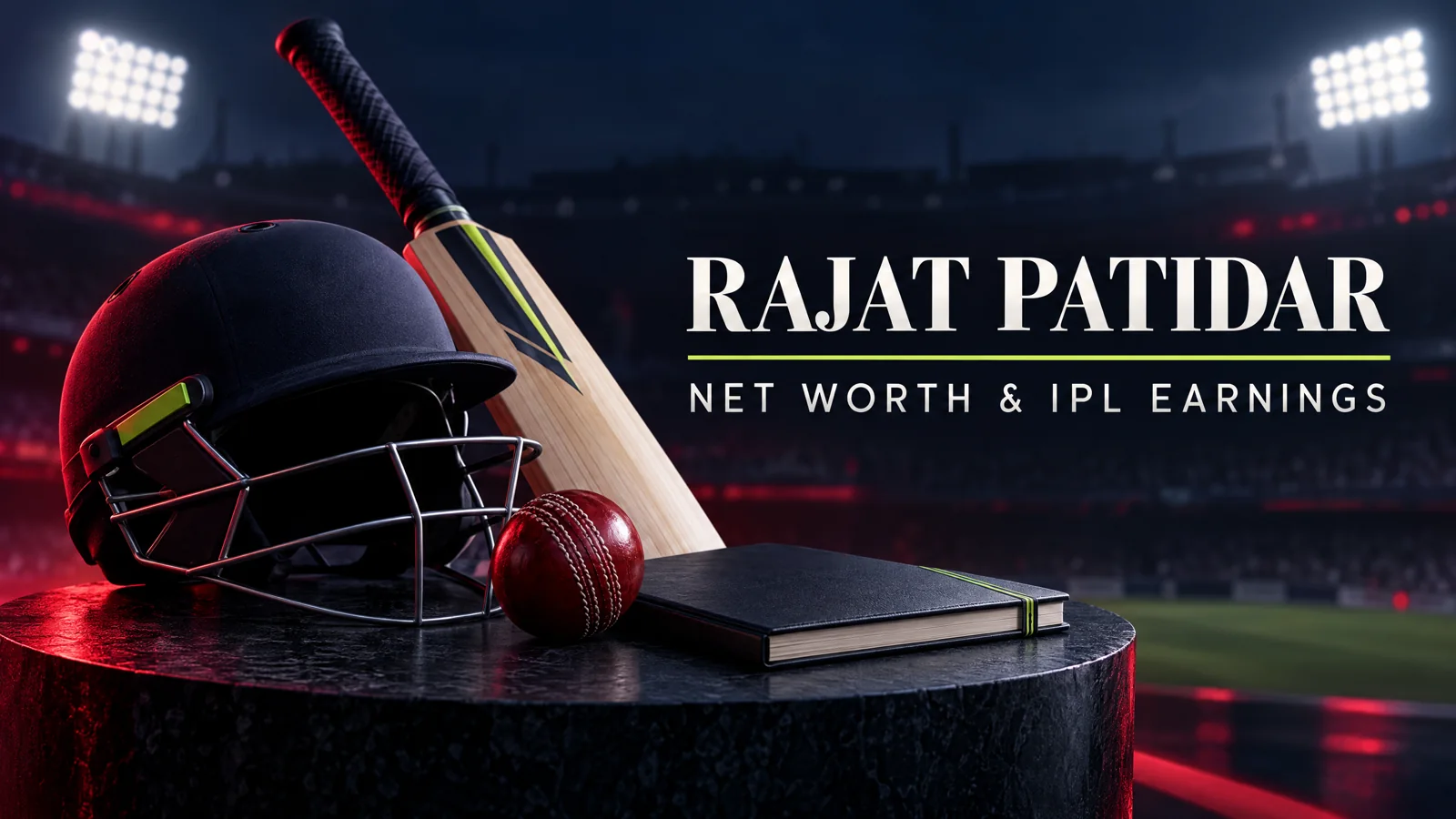 Conceptual illustration of an unbranded cricket helmet, bat, ball and contract notebook for Rajat Patidar’s earnings guide