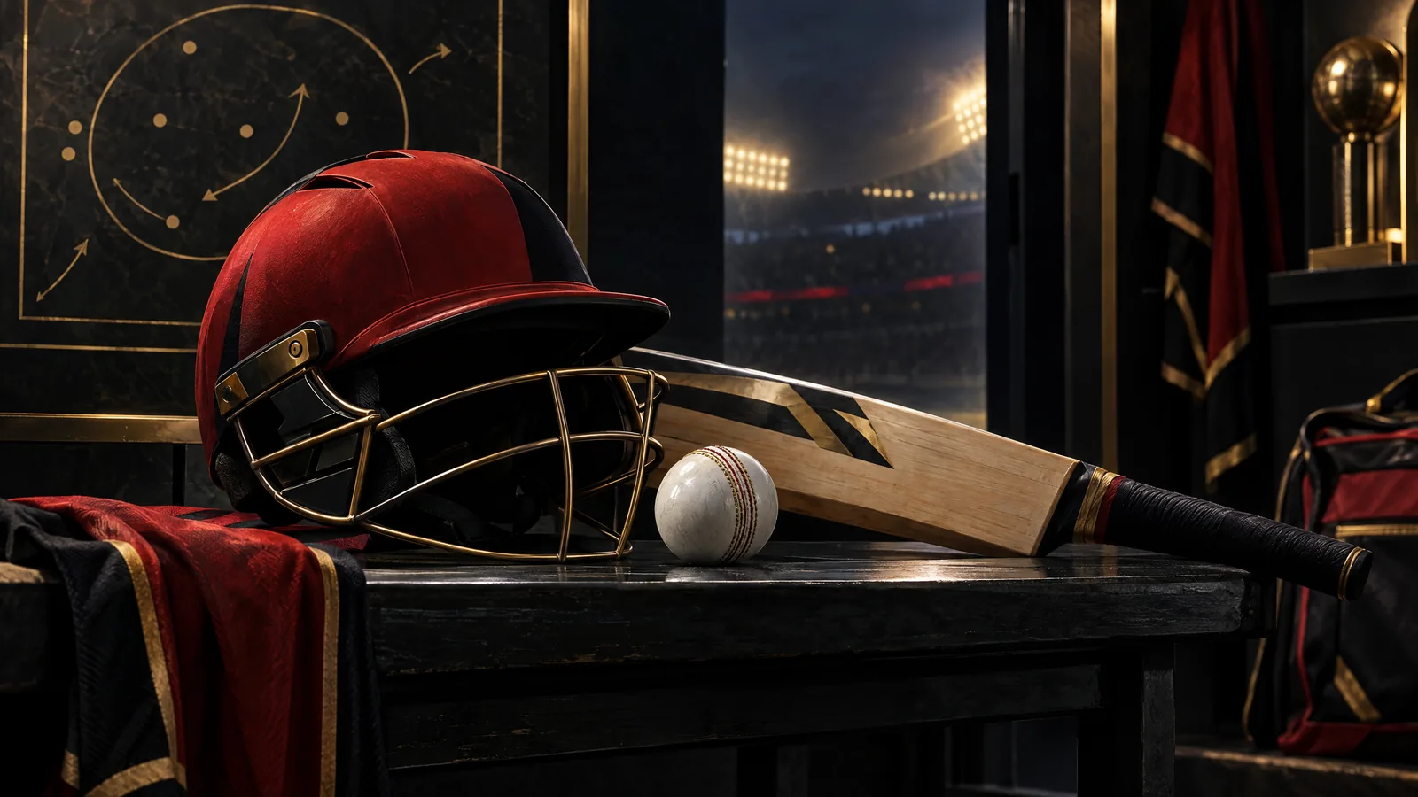 Original conceptual illustration of a red-and-black cricket helmet, bat and ball; not an actual RCB photograph