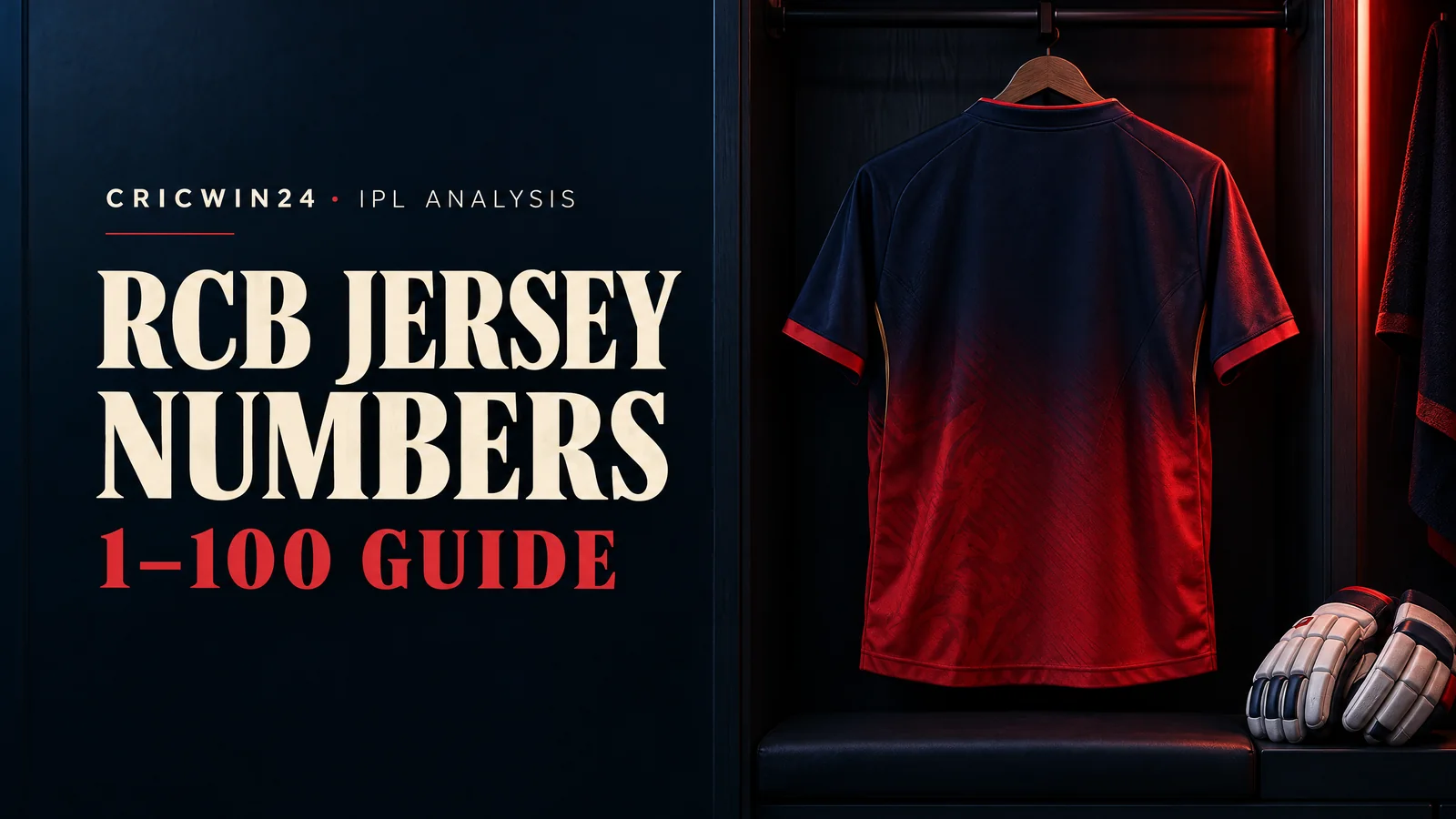 Original RCB jersey-number guide illustration showing a conceptual unbranded red and navy shirt, not an actual player kit.