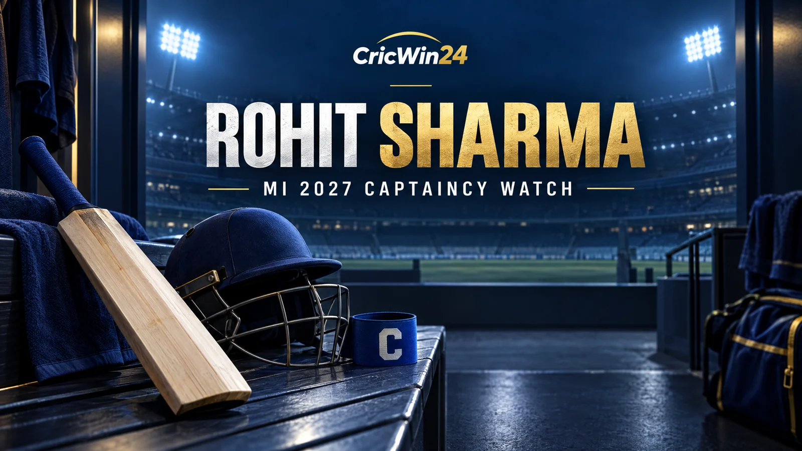 Original conceptual cricket artwork about MI captaincy; no player photograph or confirmed appointment is depicted