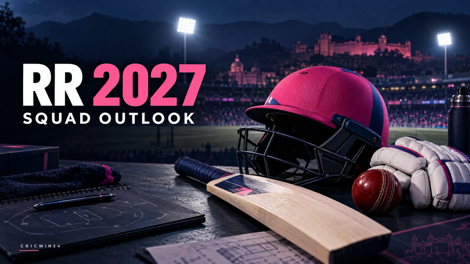 Original pink-and-blue cricket equipment illustration labelled RR 2027 Squad Outlook; no real player or official final squad is depicted