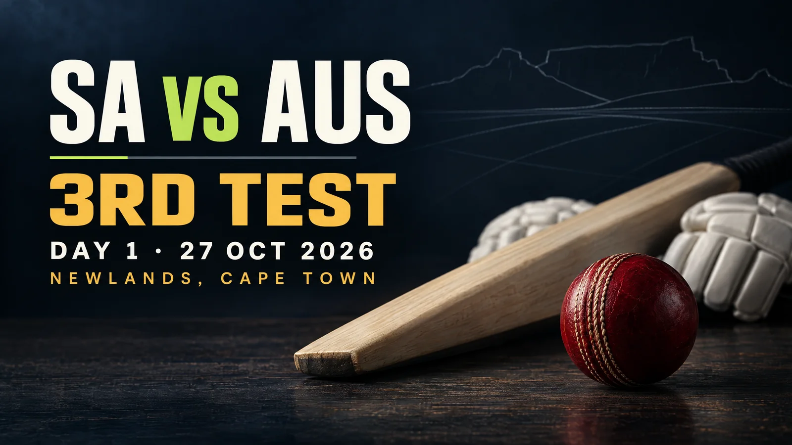 A plain red Test cricket ball and unbranded batting equipment in a navy studio composition; original South Africa–Australia third-Test artwork, not a real player or Newlands photograph.