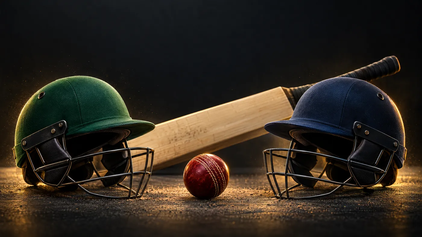 Original conceptual cricket artwork with emerald-green and navy helmets, a willow bat and a red ball; not a player or stadium photograph.