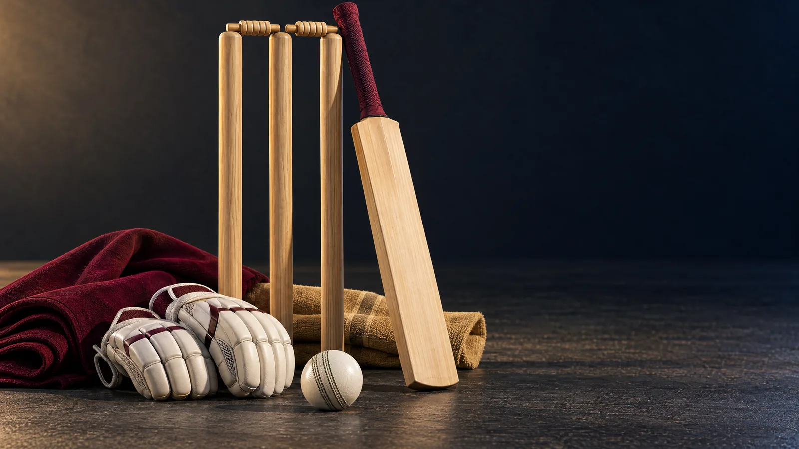 Original illustration of unbranded T20 cricket equipment against a dark background; not actual Karwan Ground or player photography.