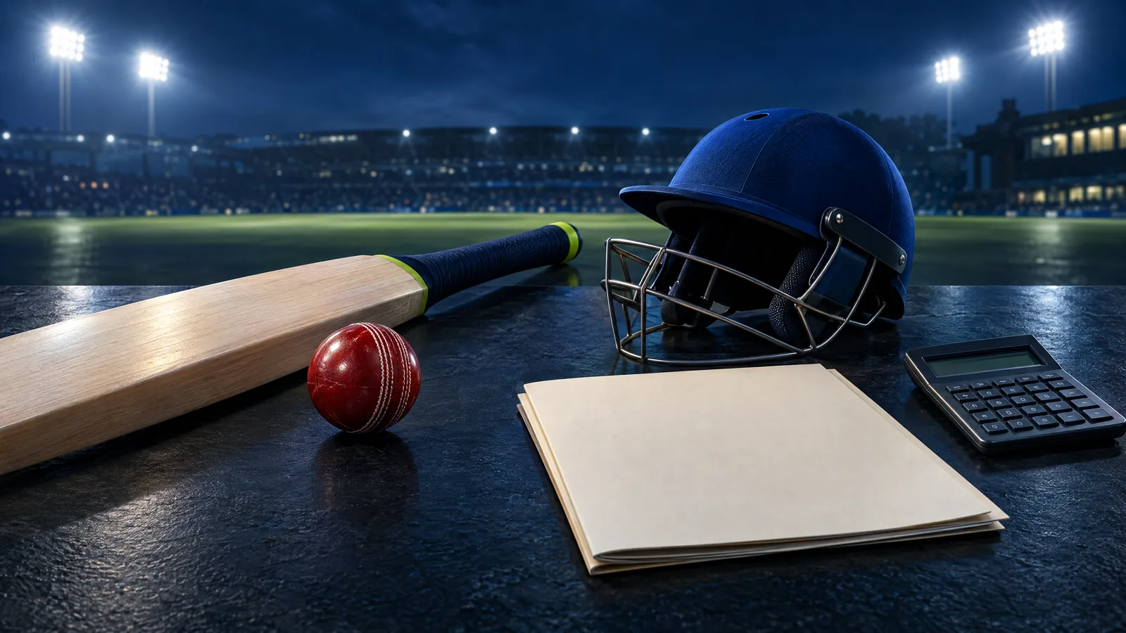 Original conceptual illustration of unbranded cricket equipment, a blank contract and earnings ledger under floodlights; no player or financial amount is depicted.