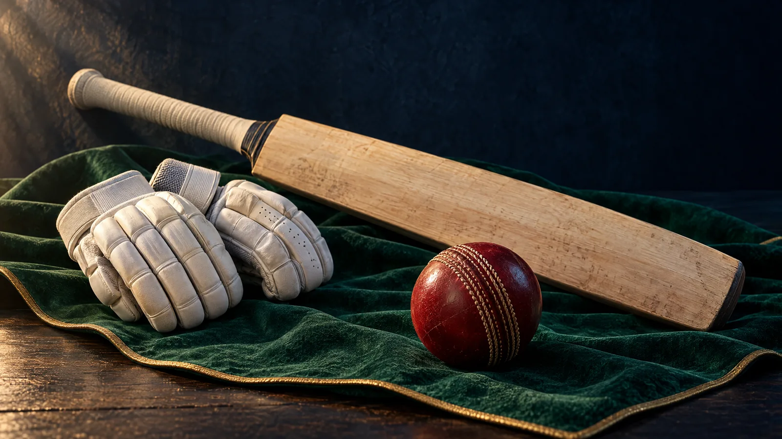 Original unbranded red Test cricket ball, willow bat and off-white gloves in a navy and emerald studio composition; not Newlands or player photography.
