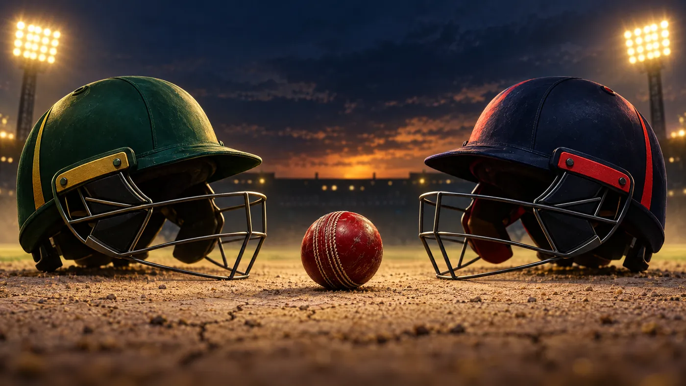Original conceptual illustration of green and navy cricket helmets facing a red ball; not a photograph of the teams or Sharjah