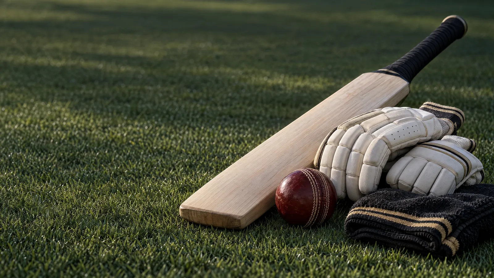 Original red-ball equipment illustration: burgundy cricket ball, plain willow bat, cream gloves and black-and-gold towel on anonymous grass; not Adelaide Oval or player photography.